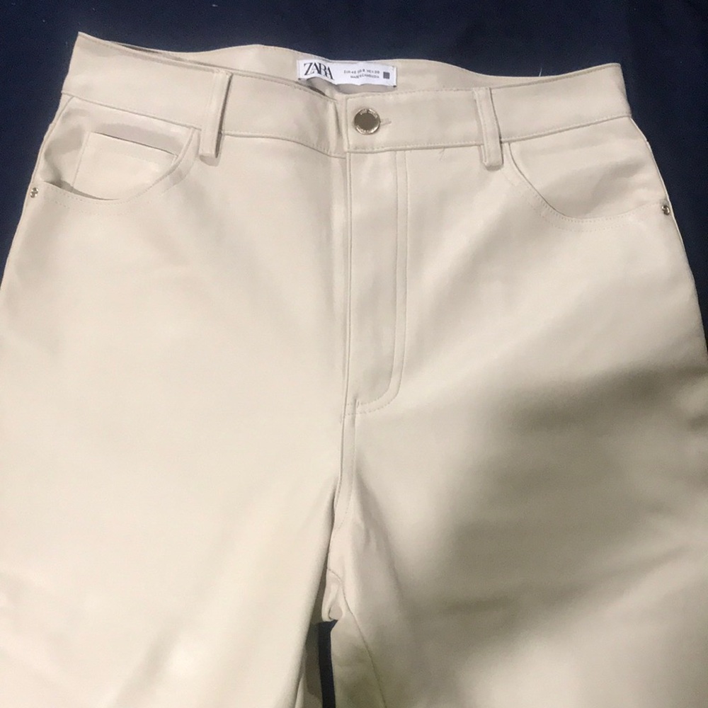Zara Cream High-Waisted Leather Pants